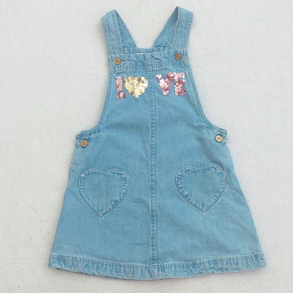 MAX STUDIO KIDS denim "LOVE" Overall Jumper Dress NWOT